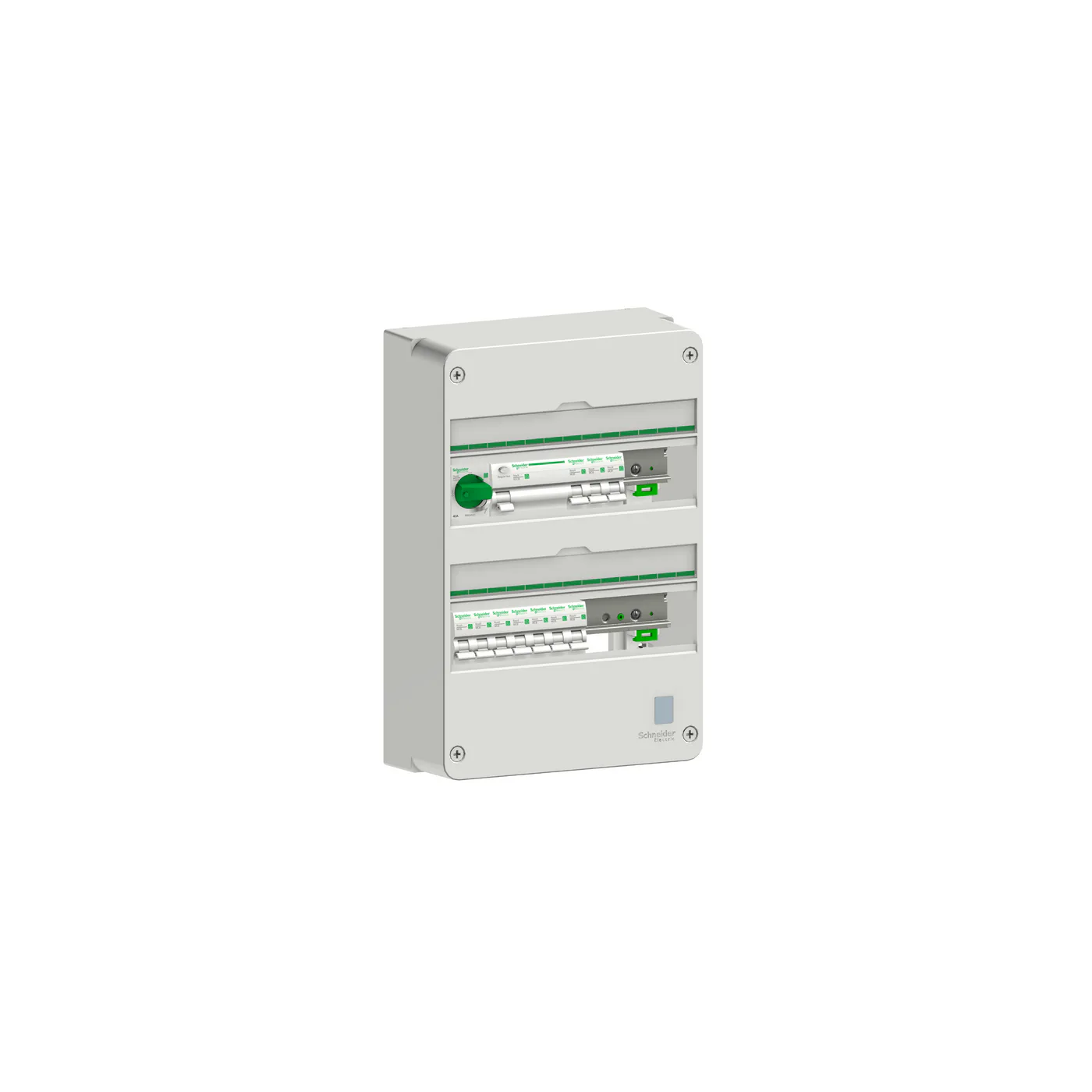 Normcentral Schneider Electric Förmonterad 1 kapsling, 3P huvudbrytare, 4P JFB, 10x1P MCB 10 och 16A, 2 faskenor, 1 bygling