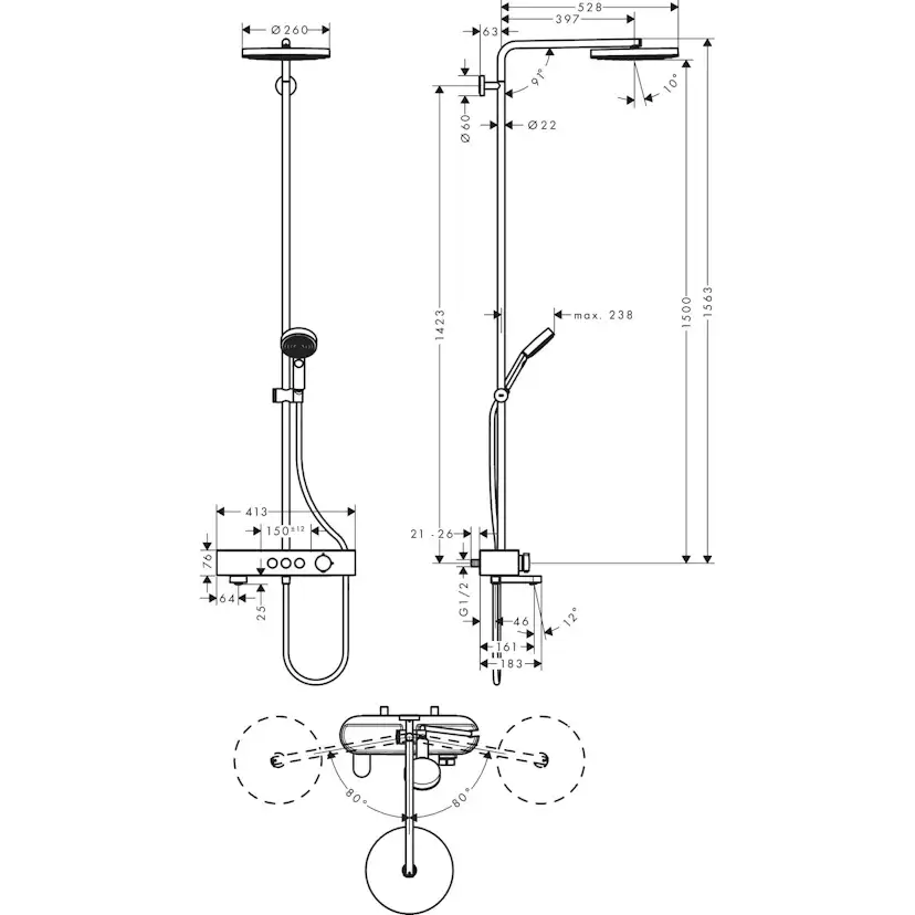 Takduschset Hansgrohe Pulsify S 260 1jet med Badkarsblandare