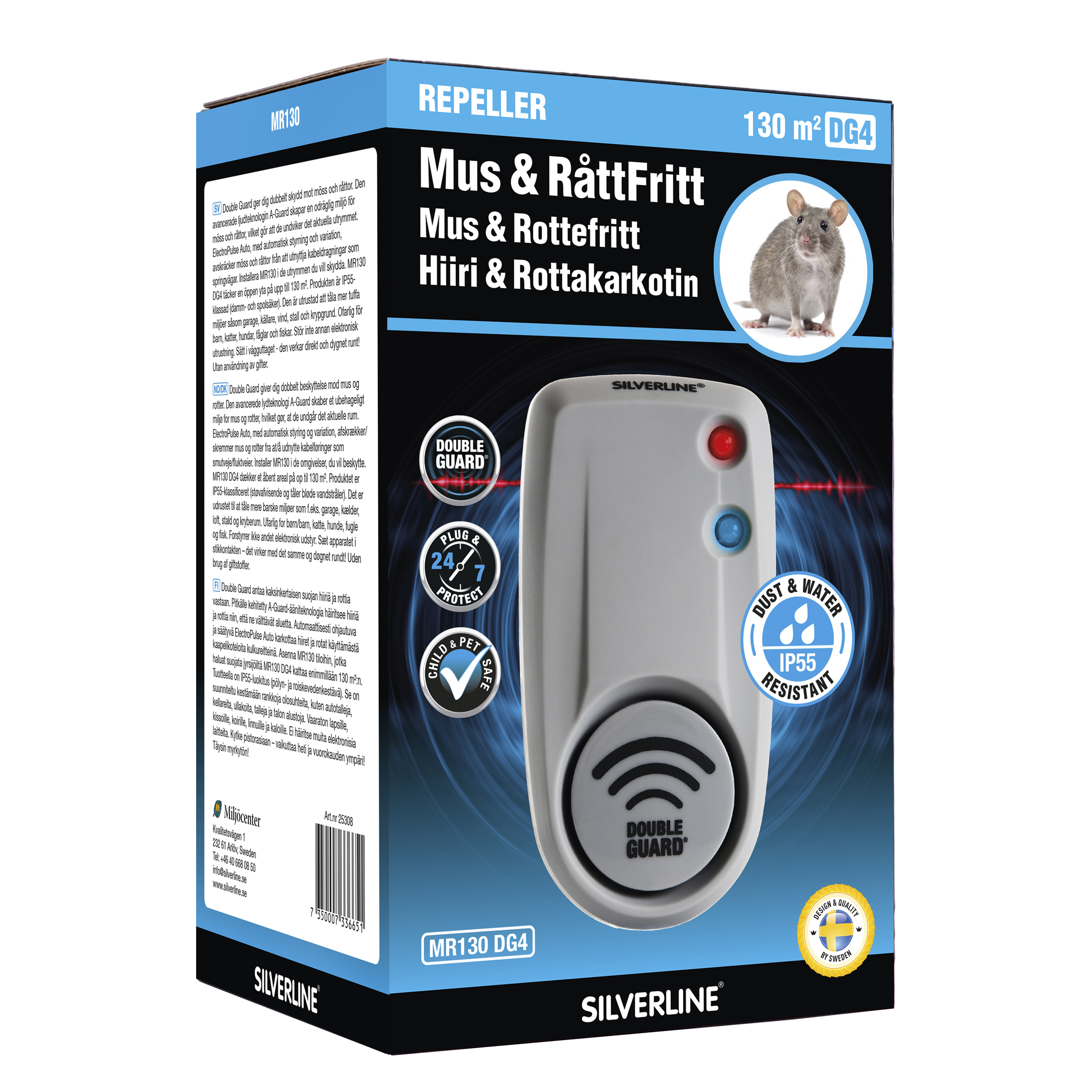 Mus- & Råttskrämma Silverline Avskräckare MR130 DG4 med A-Guard Ultraljud & Electro Pulse