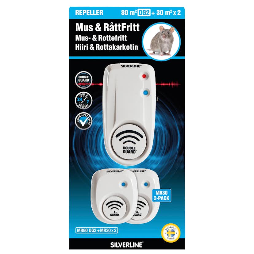 Skadedjursbekämpning Silverline Mus- & Rått Avskräckande MR80 DG2+MR30x2 Ultraljud A-Guard & Electro Pulse