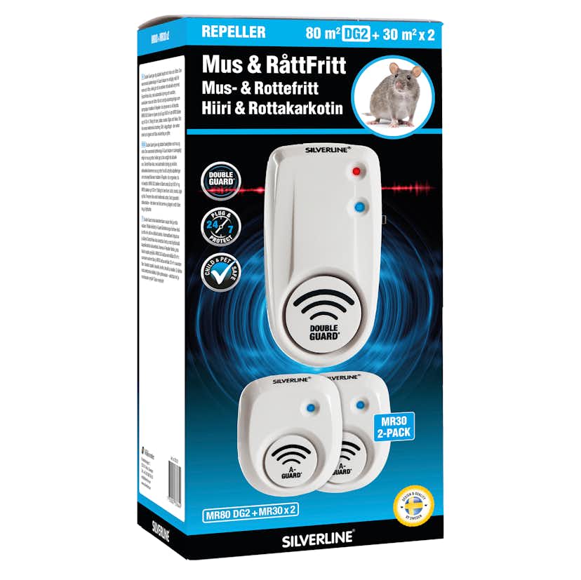 Skadedjursbekämpning Silverline Mus- & Rått Avskräckande MR80 DG2+MR30x2 Ultraljud A-Guard & Electro Pulse