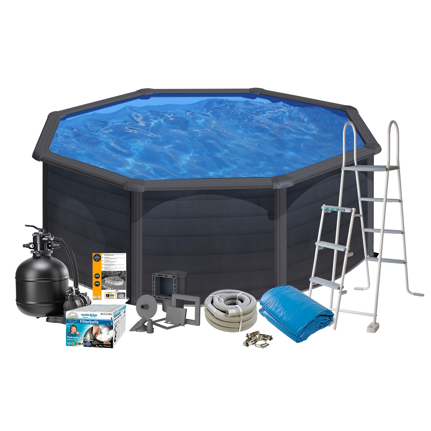 Poolpaket Swim & Fun Pool Basic 132 Rund Svart Grafit