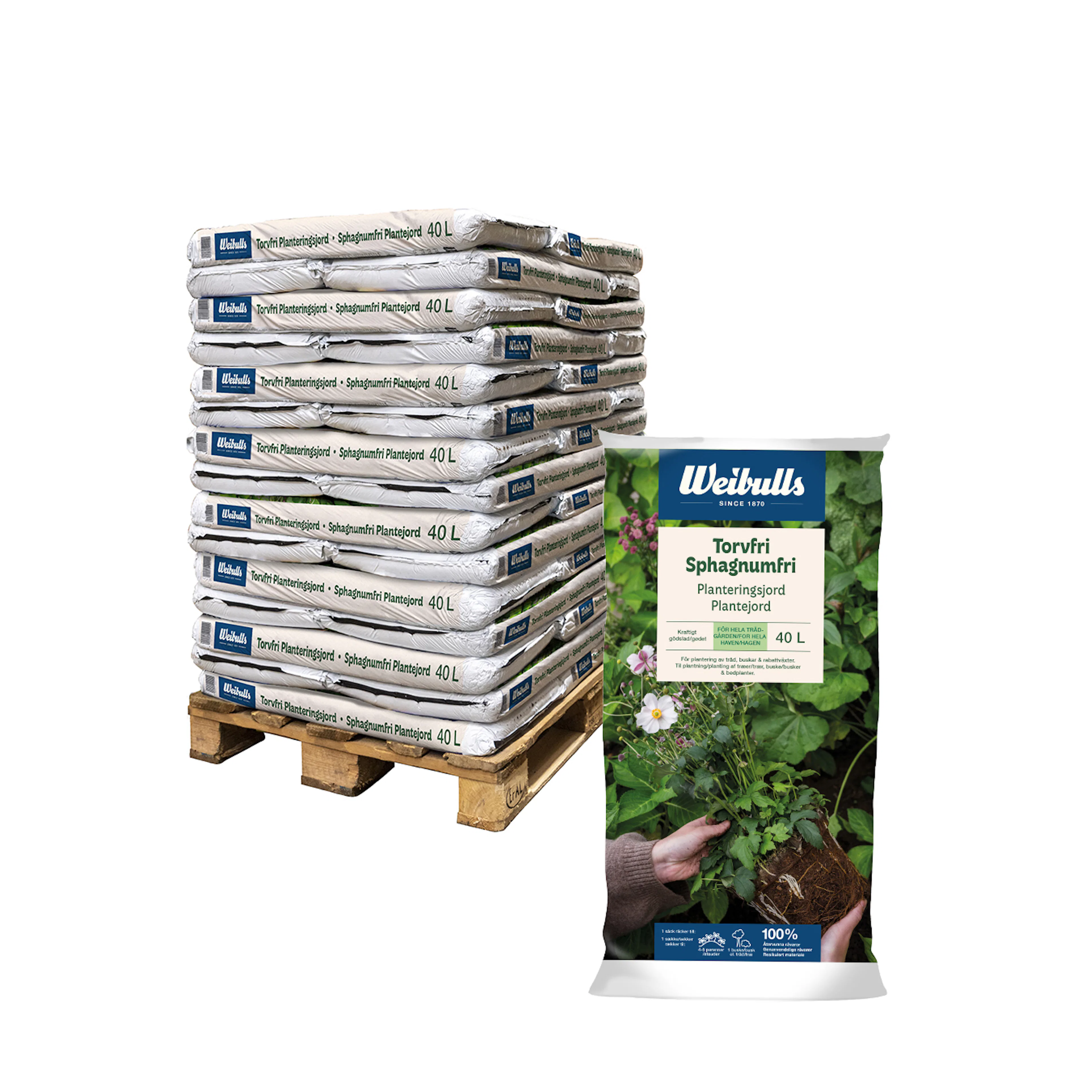 Torvfri Planteringsjord Weibulls För Plantering av Buskar, Rabattväxter & Träd, Pall - 48x40L