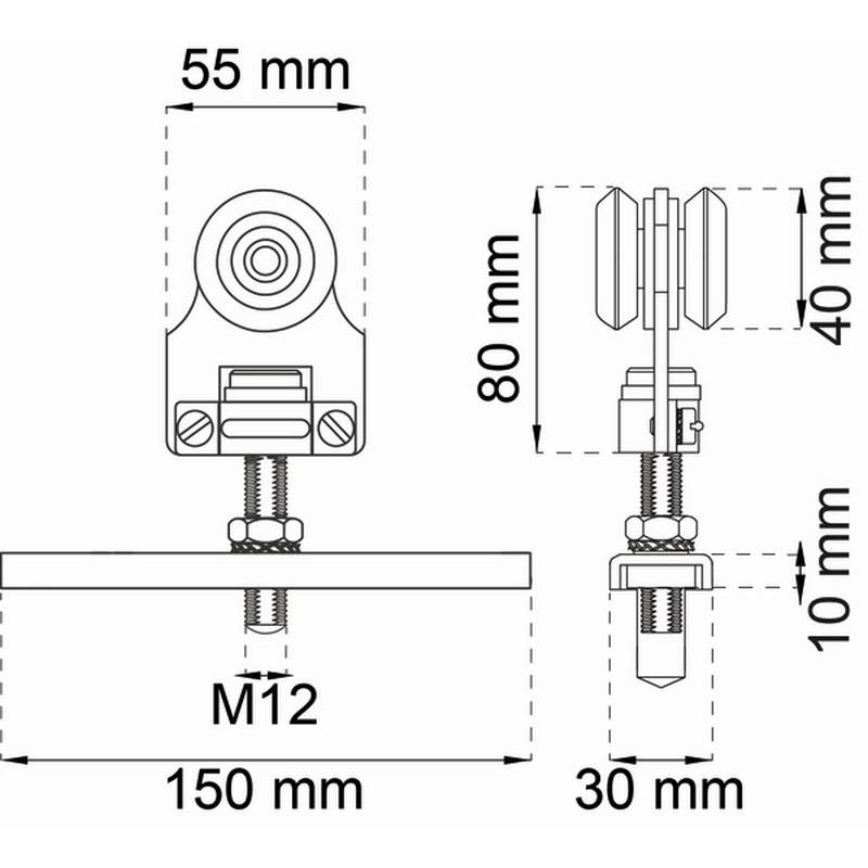 Beslagssats Habo SF-150  Komplett Hjultsats för Skjutdörrsskena SF-150