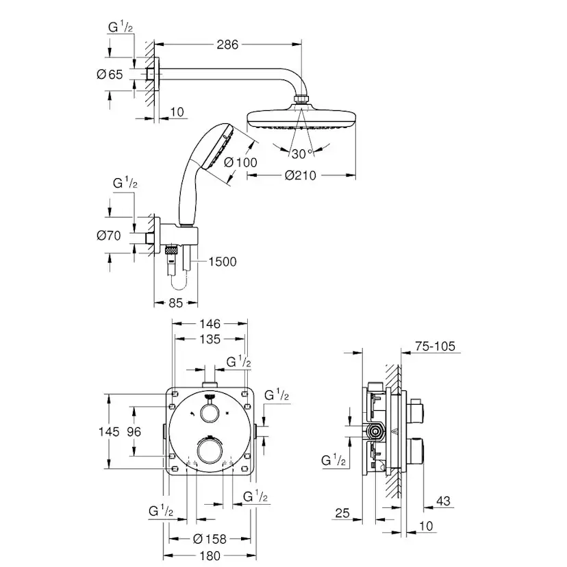 Takduschset Grohe Grohtherm Tempesta 210 34727 för Inbyggnad
