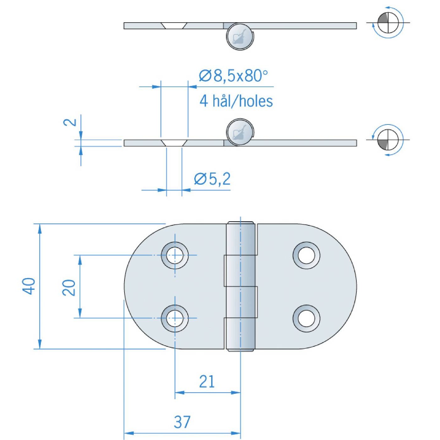 Gångjärn Millers Rf 40X74 mm
