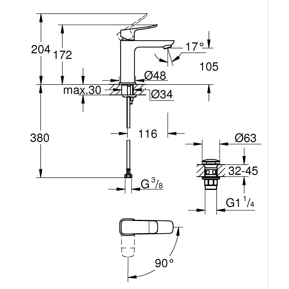 Tvättställsblandare Grohe Dice M med Kallstart och Bottenventil