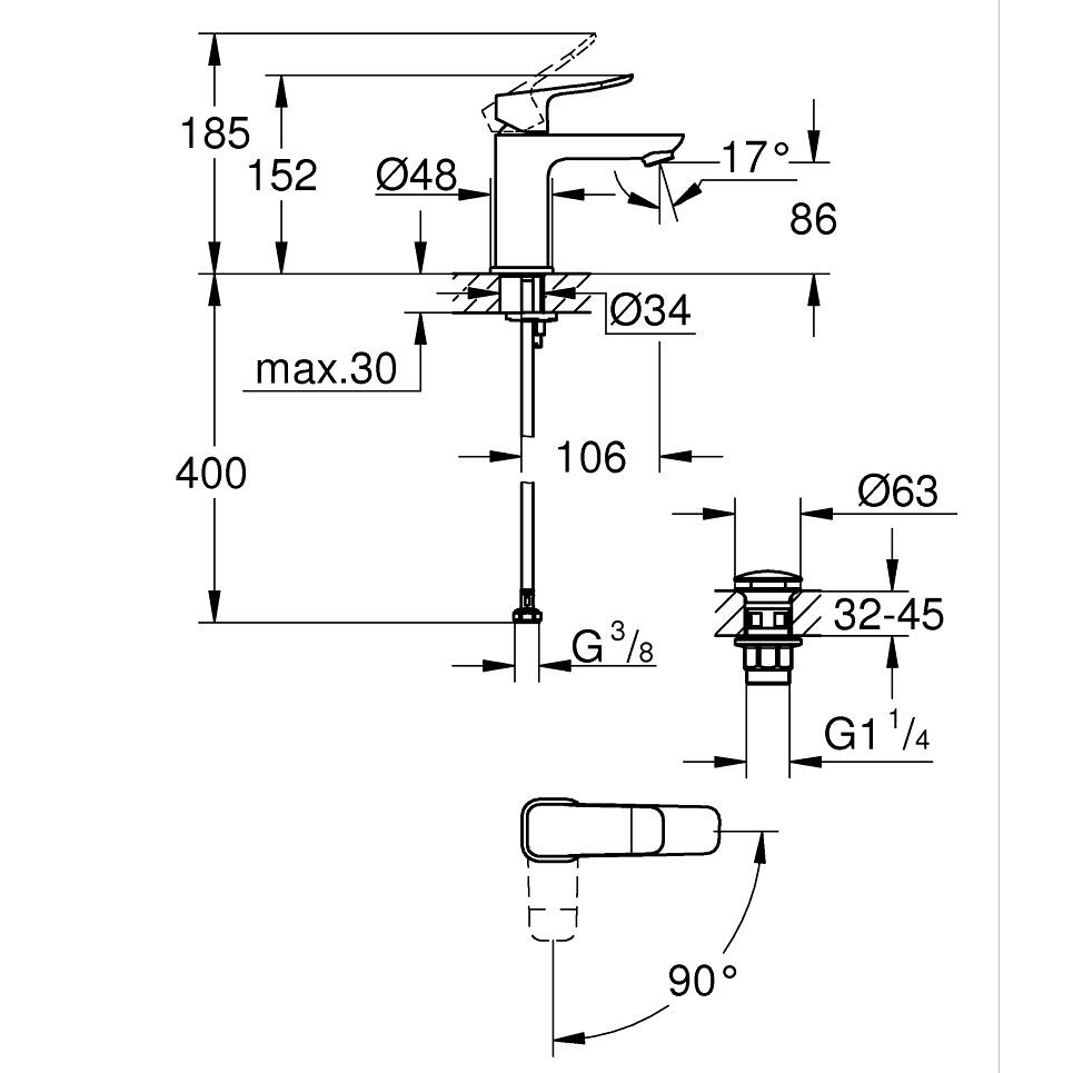 Tvättställsblandare Grohe Dice S med Kallstart och Bottenventil