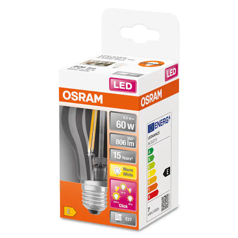 LED-Lampa Osram Normal (60) E27 Dim 3xdim Klar 827 Cl A