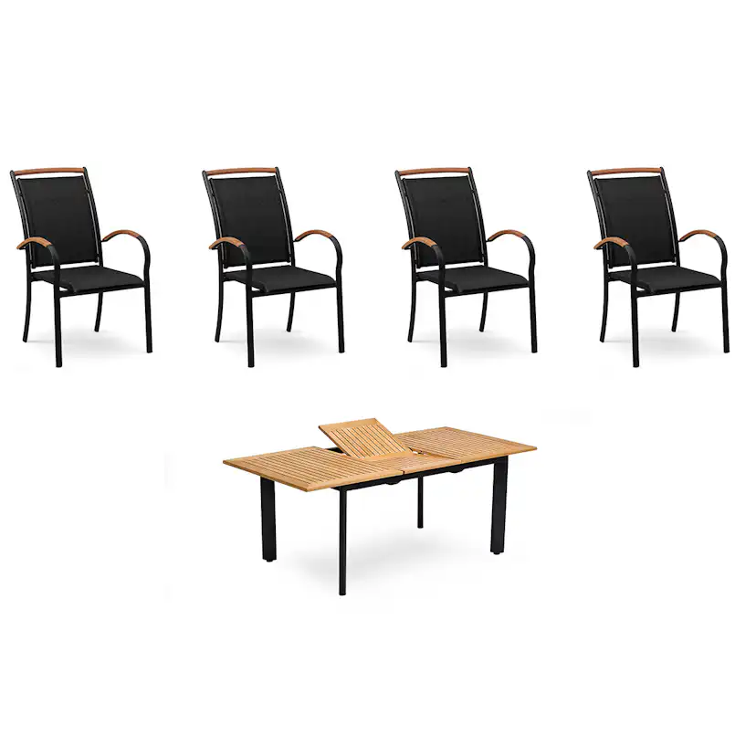 Matgrupp Utomhus Hillerstorp Nydala 4st Karmstolar med Förläningsbart Trädgårdsbord 90x150-200 cm