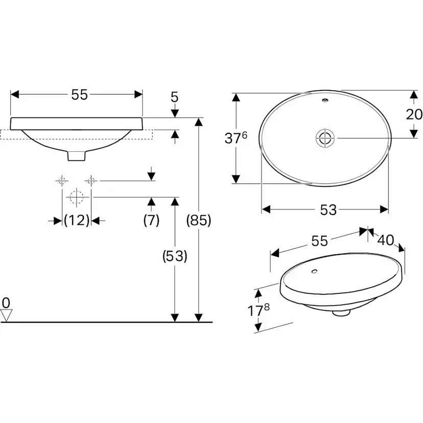 Tvättställ Geberit Variform 600 mm Infälld Elliptiskt
