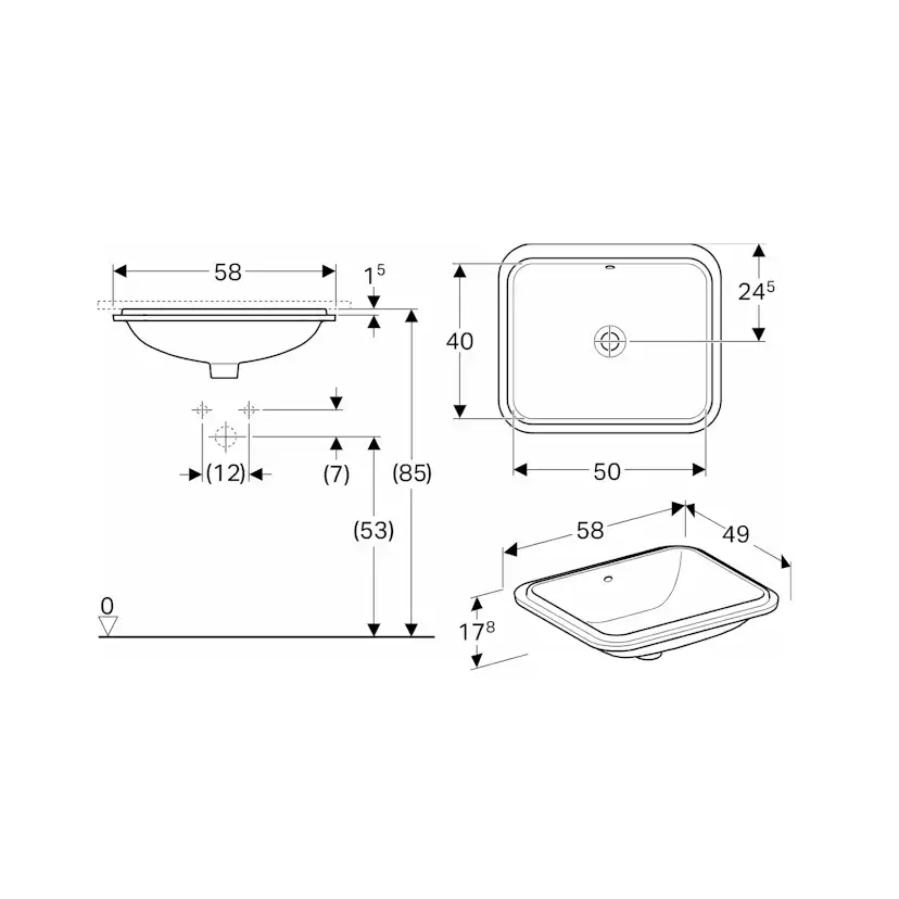 Tvättställ Geberit Variform 500 mm för underlimning Rektangulärt