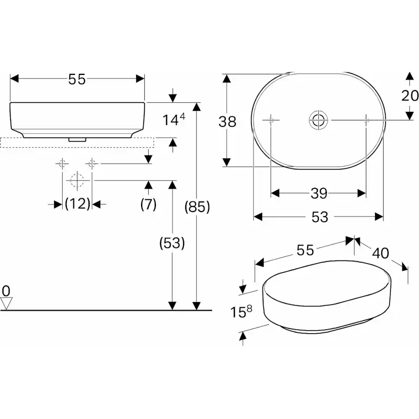 Tvättställ Geberit Variform 550 mm Lay-on Elliptiskt Utan Bräddavlopp