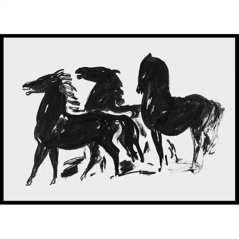 Poster Gallerix Drie Zwarte Paarden Staand Naar Links Kijkend By Leo Gestel