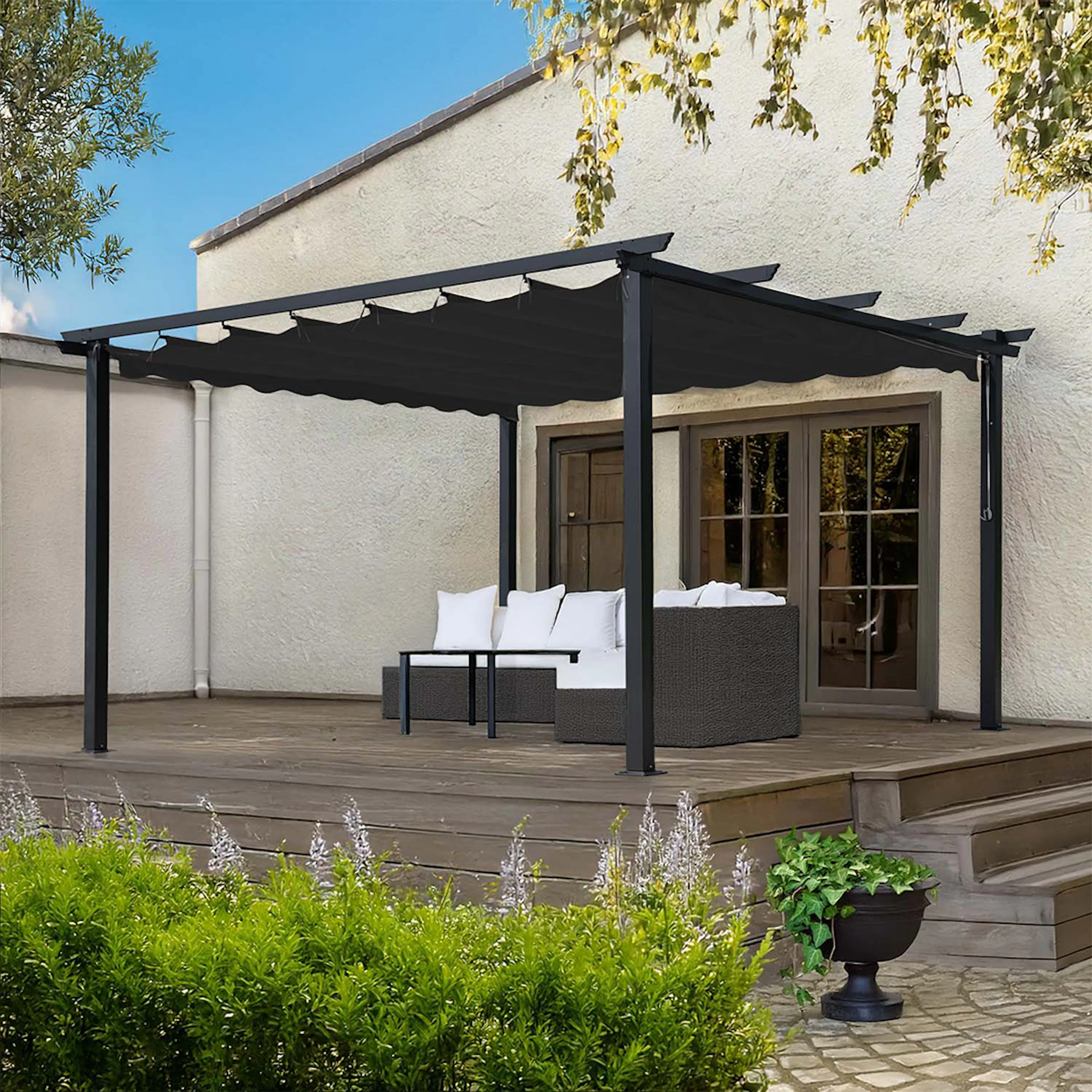 Pergola Skugga 4X4M Svart Ram Mörkgrått Tyg