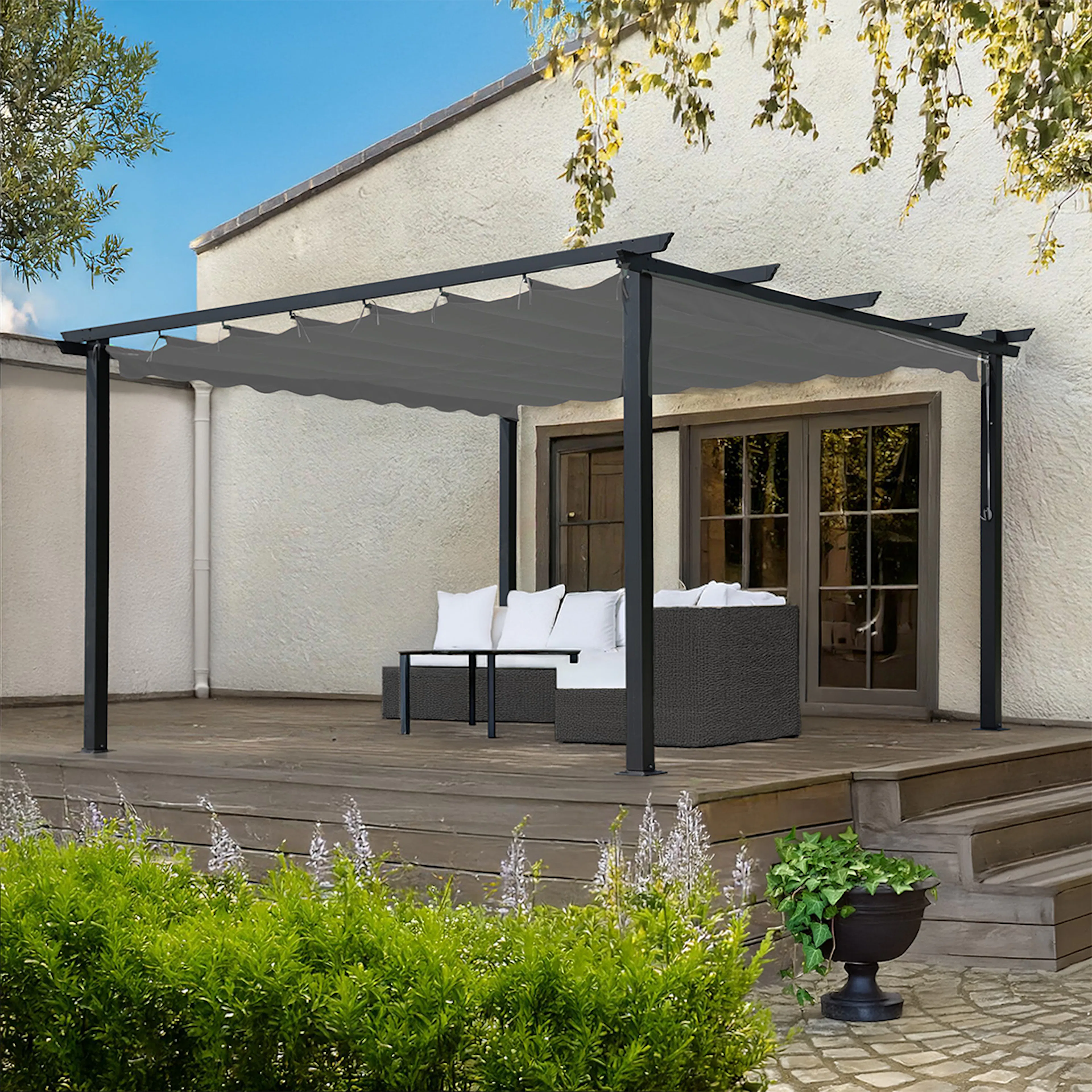 Pergola Skugga 3X4M Svart Ram Grått Tyg