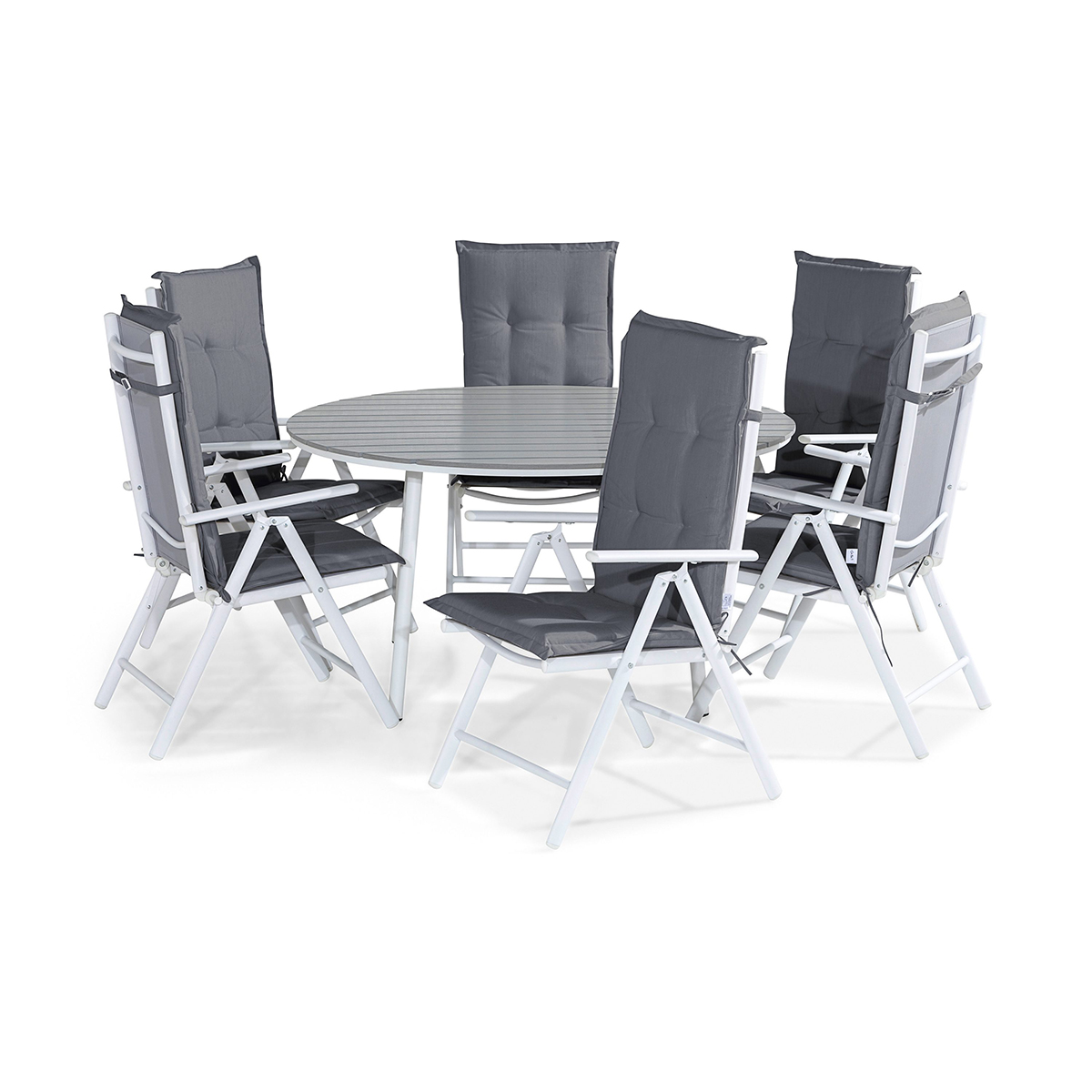 Trädgårdsgrupp deNoord Tunis Matgrupp Utomhus 140 Rund + 6 Maggie Positionsstol m Dyna