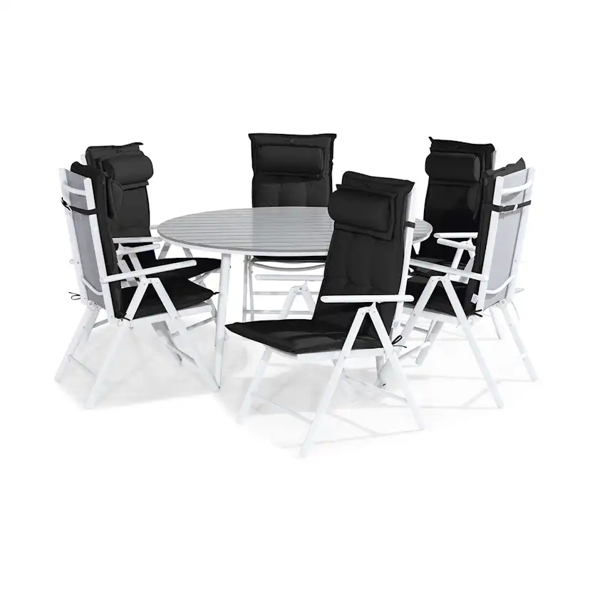 Trädgårdsgrupp Comfort Garden Tunis Matgrupp Utomhus 140 Rund + 6 Maggie Positionsstol m Dyna