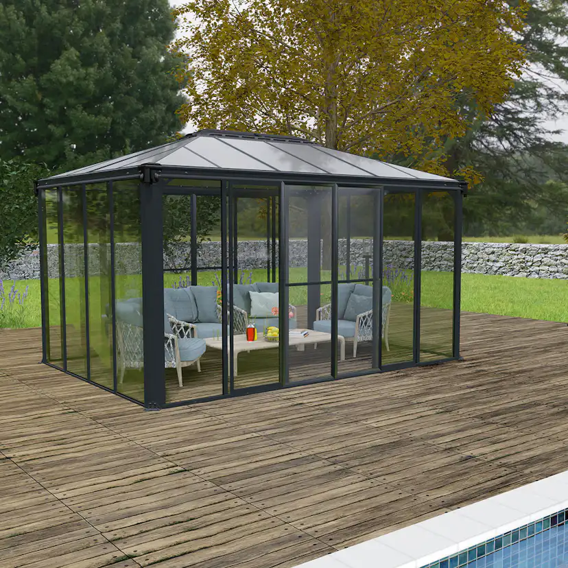 Växthus/Orangeri Canopia by Palram Ledro Aluminiumstomme med UV-Skyddat Glas, Låsbara Dörrar, Grå, 12,7 m²