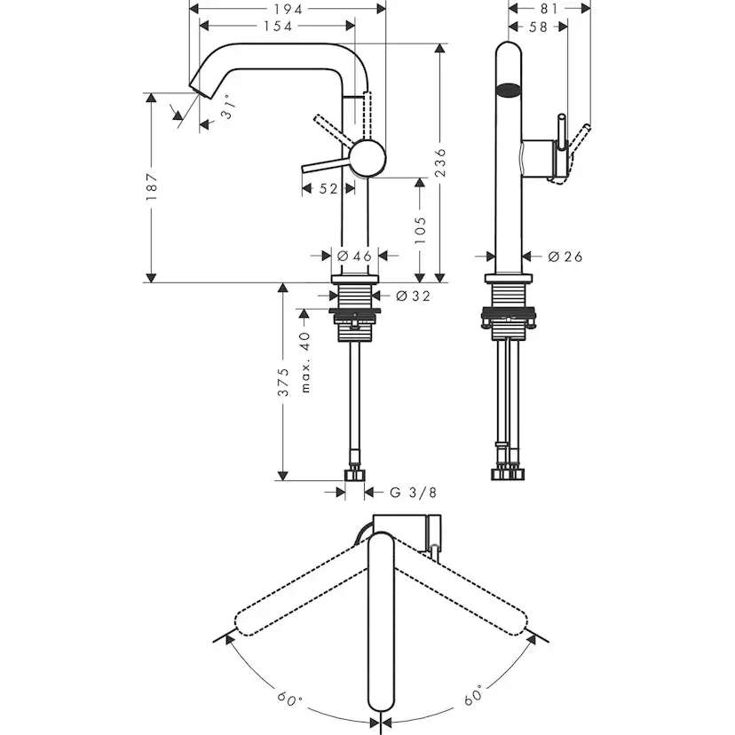 Tvättställsblandare Hansgrohe Tecturis S Fine 210 CoolStart med Svängbar Pip och Push-open Ventil