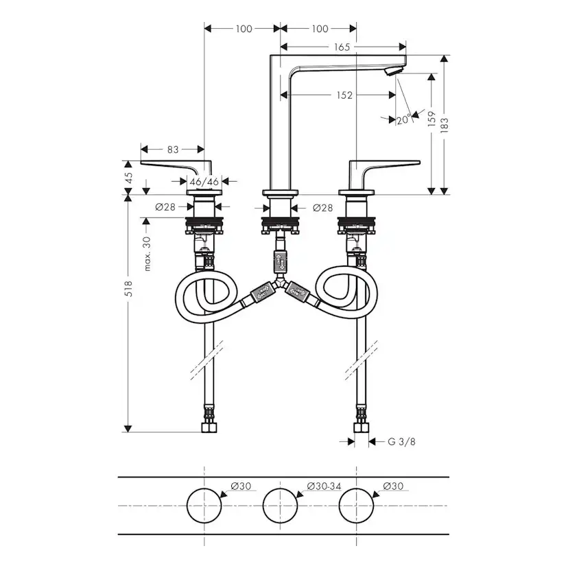 Tvättställsblandare Hansgrohe Metropol 160 3-håls med Bygelgrepp