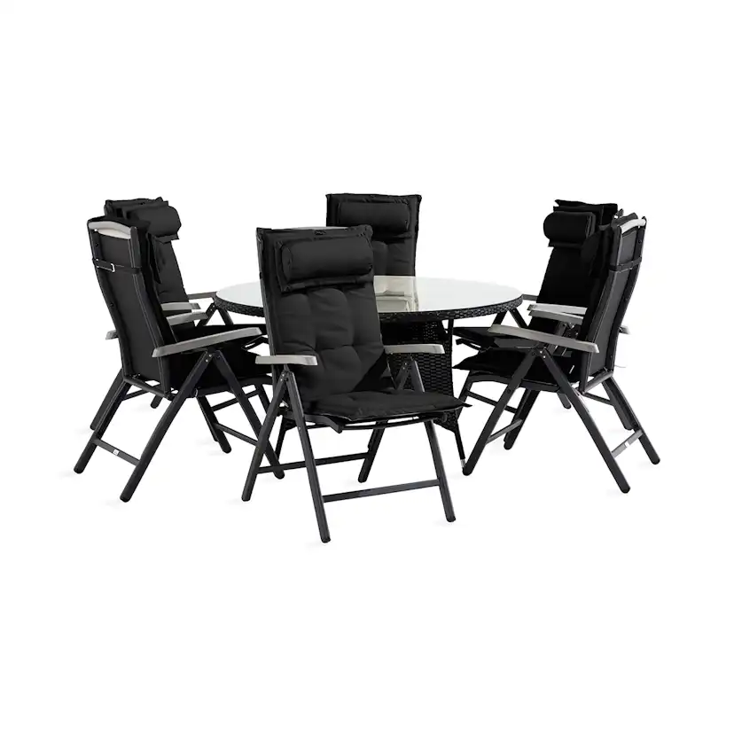 Trädgårdsgrupp Comfort Garden Thor Matgrupp 140 Rund + 6 Monaco Positionsstol m Dyna