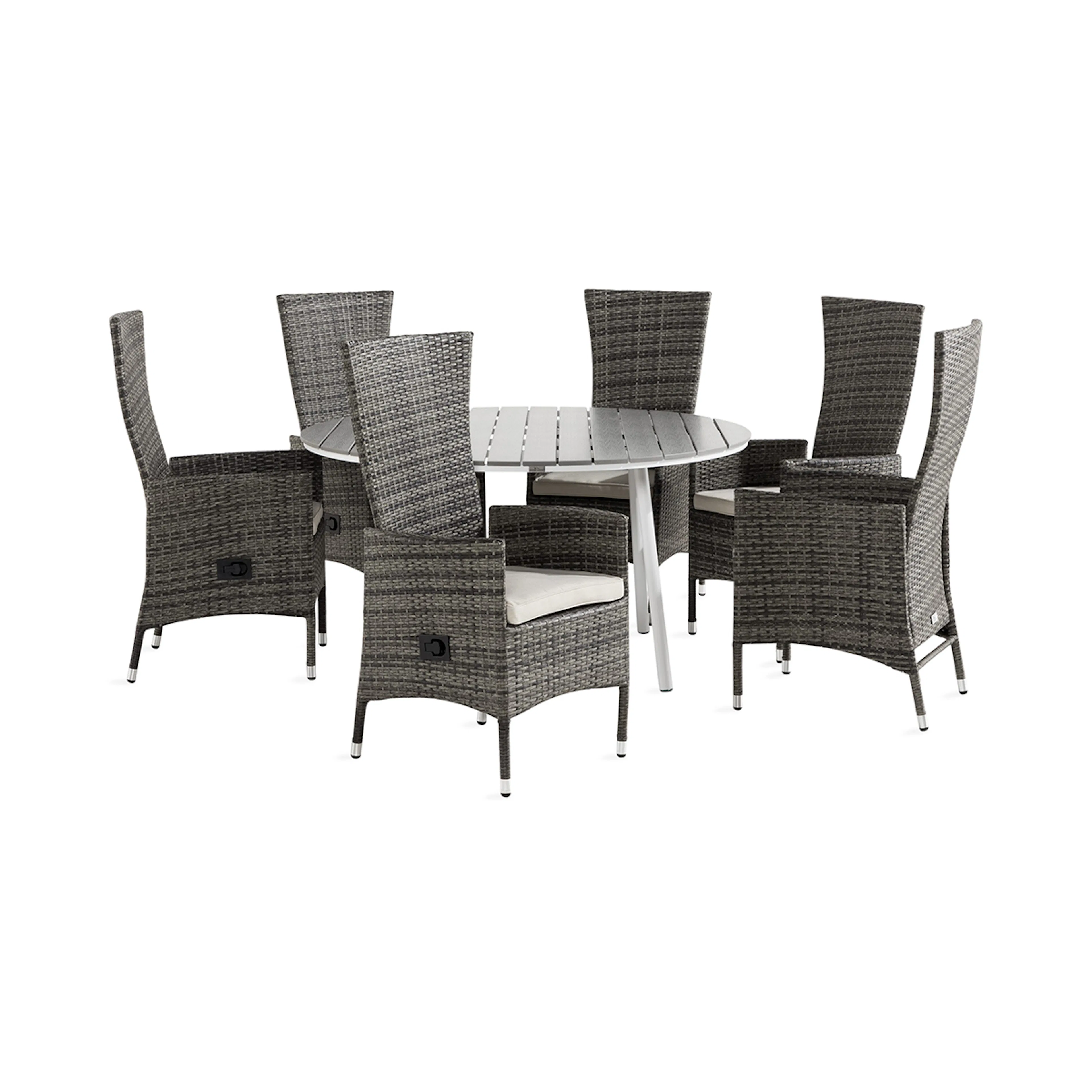 Trädgårdsgrupp Comfort Garden Tunis Matgrupp Utomhus 140 Rund + 6 Jenny Fåtölj Ställbar m Dyna