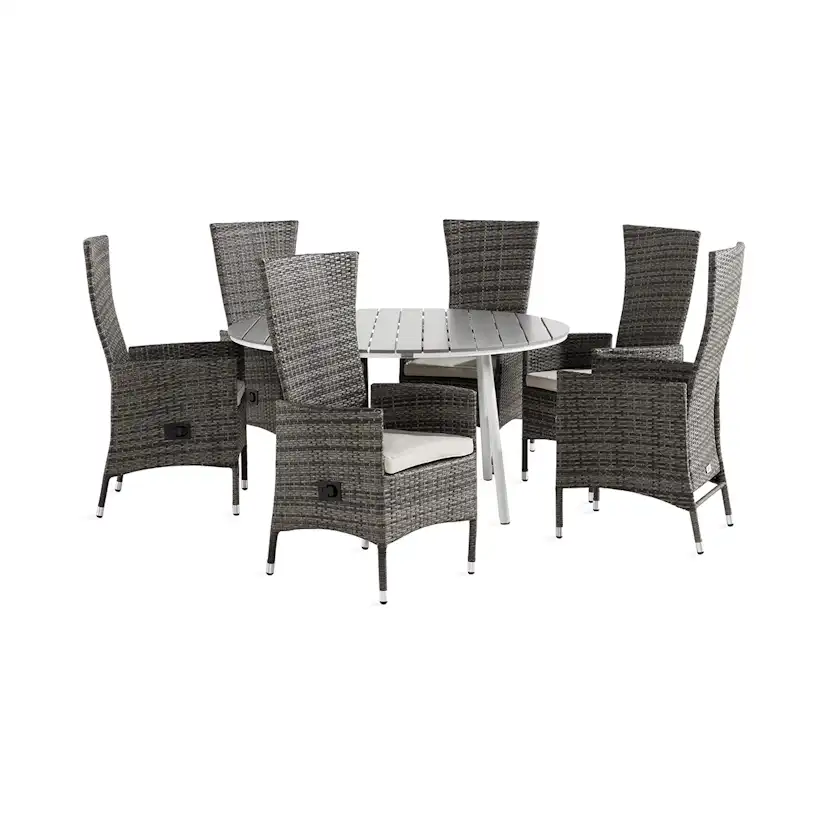 Trädgårdsgrupp Comfort Garden Tunis Matgrupp Utomhus 140 Rund + 6 Jenny Fåtölj Ställbar m Dyna