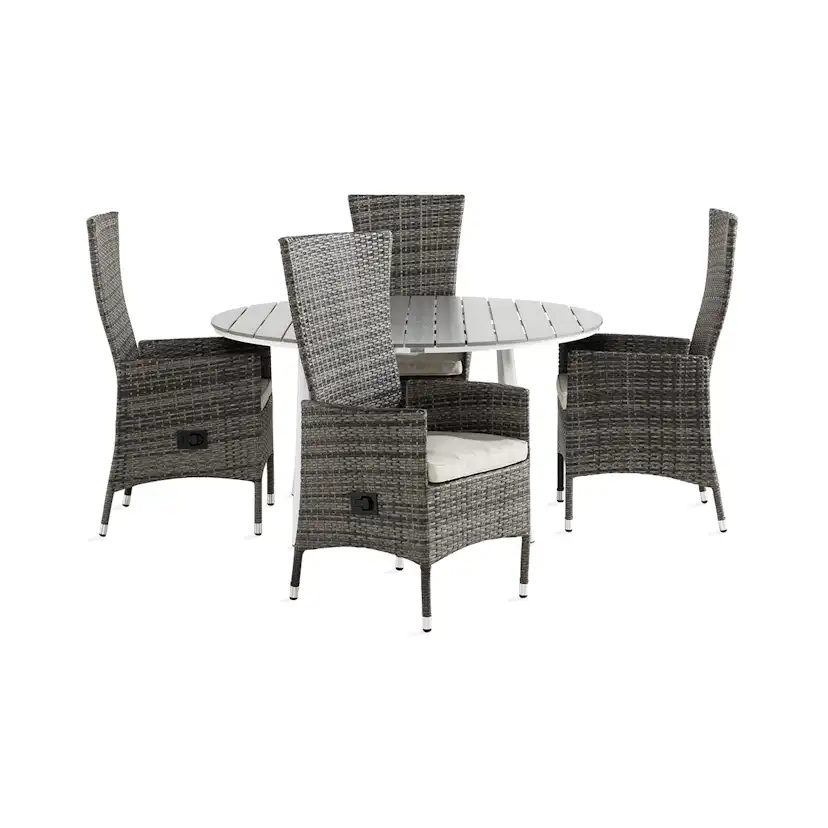 Trädgårdsgrupp Comfort Garden Tunis Matgrupp Utomhus 140 Rund + 4 Jenny Fåtölj Ställbar m Dyna