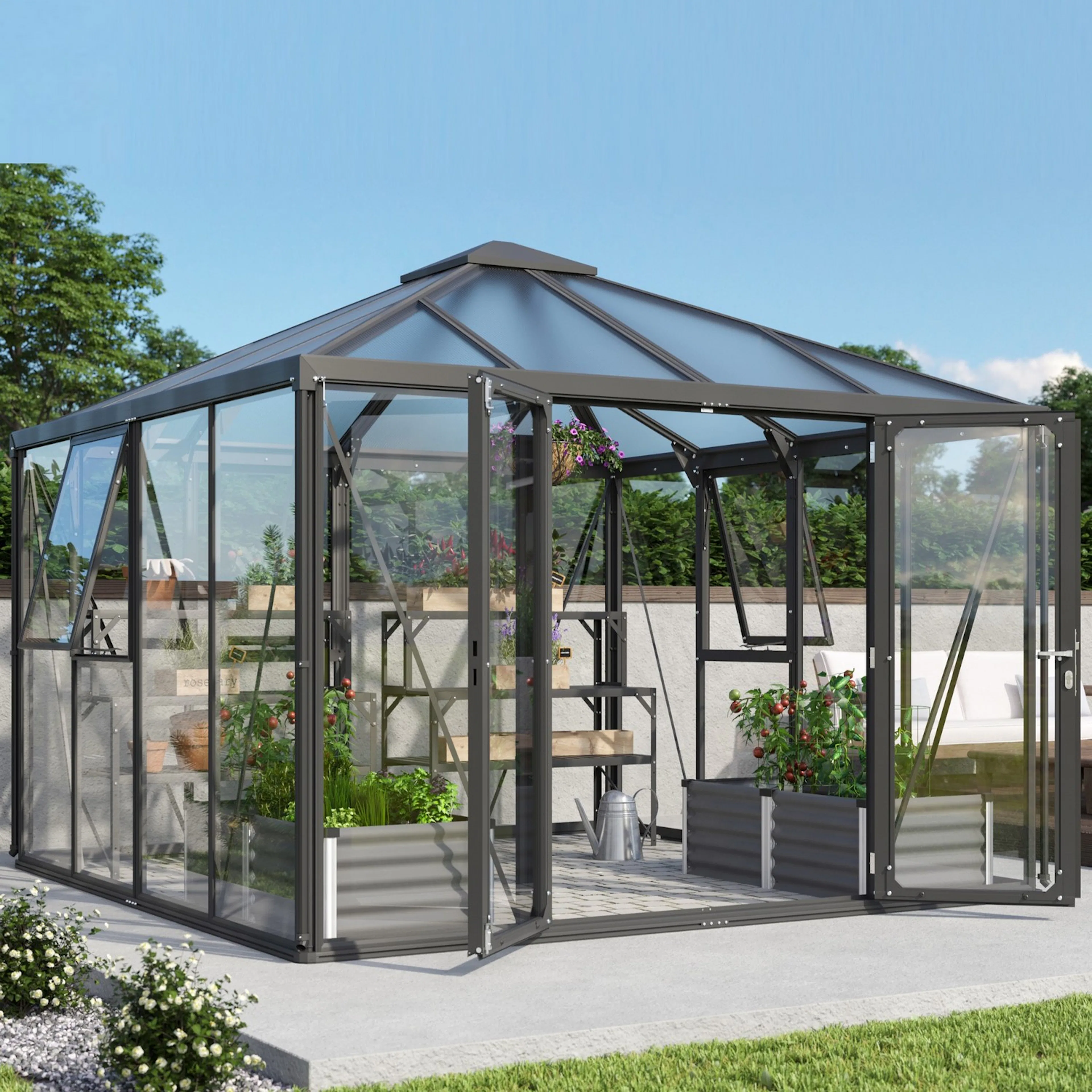 Växthus Vitavia Fortuna Svart Aluminiumstomme med UV-Skyddade Polykarbonatfönster & Härdat Glas, 10,2 m²