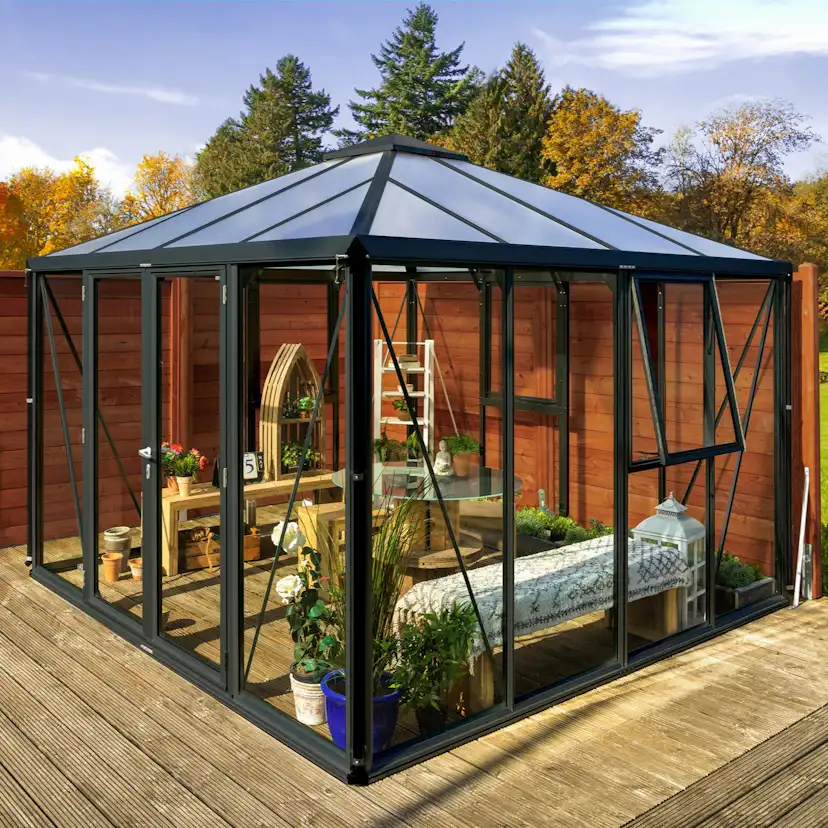 Växthus Vitavia Fortuna Svart Aluminiumstomme med UV-Skyddade Polykarbonatfönster & Härdat Glas, 10,2 m²