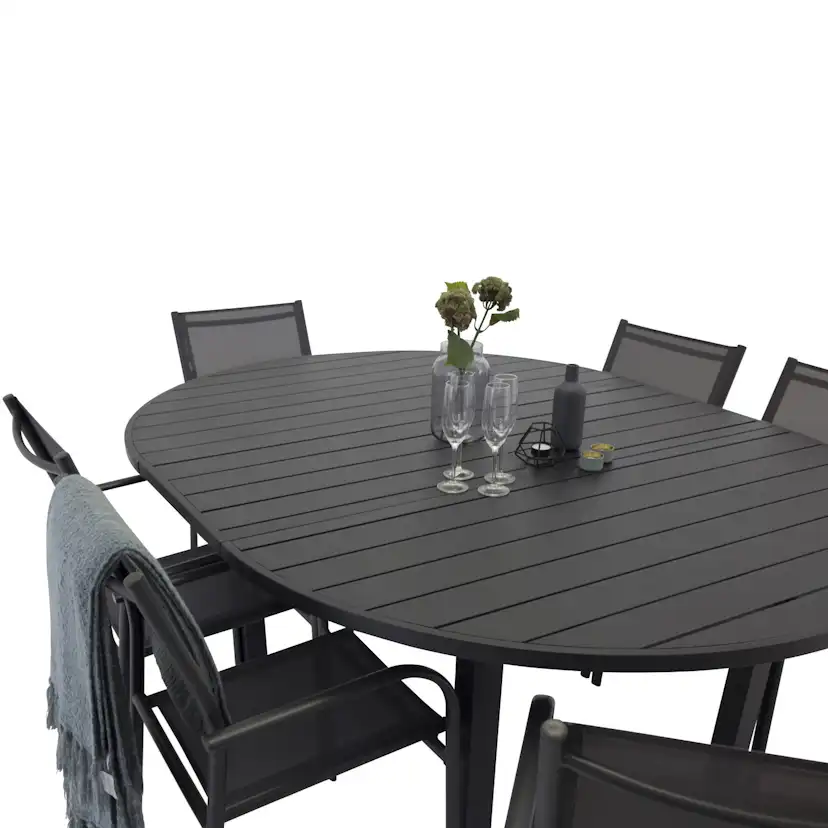 Utebord Venture Home Marbella Förlängningsbart Aluminiumbord, Ovalt Ø 140 cm Svart