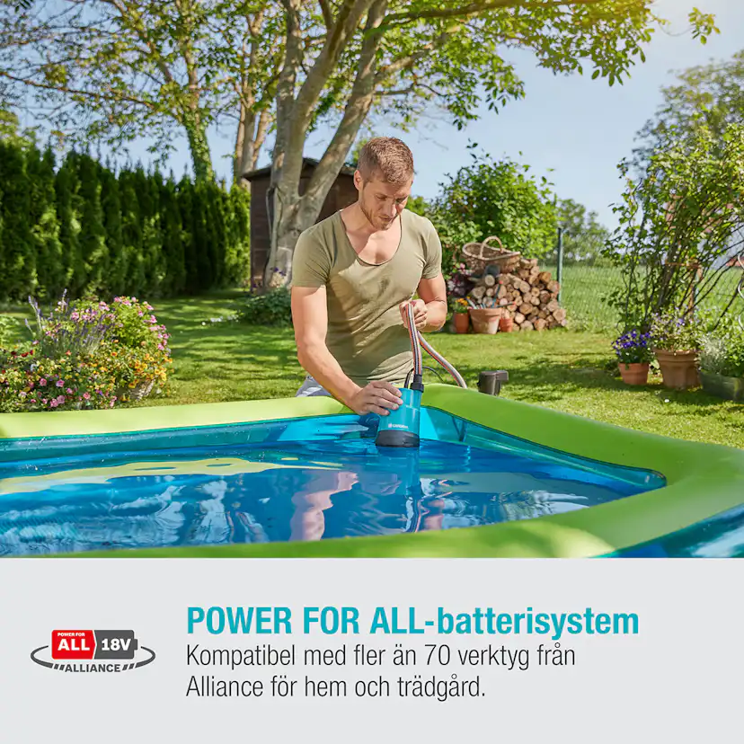 Dränkbar pump Gardena för Rent Vatten 2000/2 18V P4A Set (2,5Ah batteri + standardladdare)