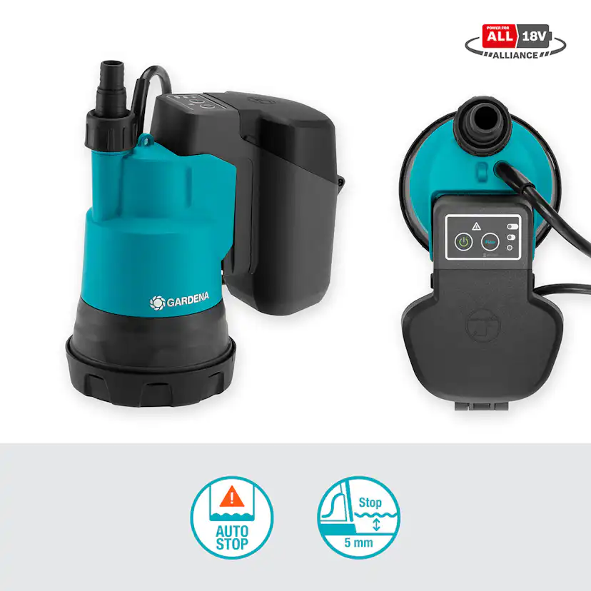 Dränkbar pump Gardena för Rent Vatten 2000/2 18V P4A Set (2,5Ah batteri + standardladdare)
