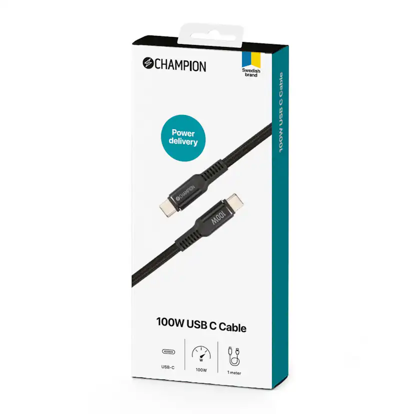 USB-C Champion kabel 100W 1m Svart