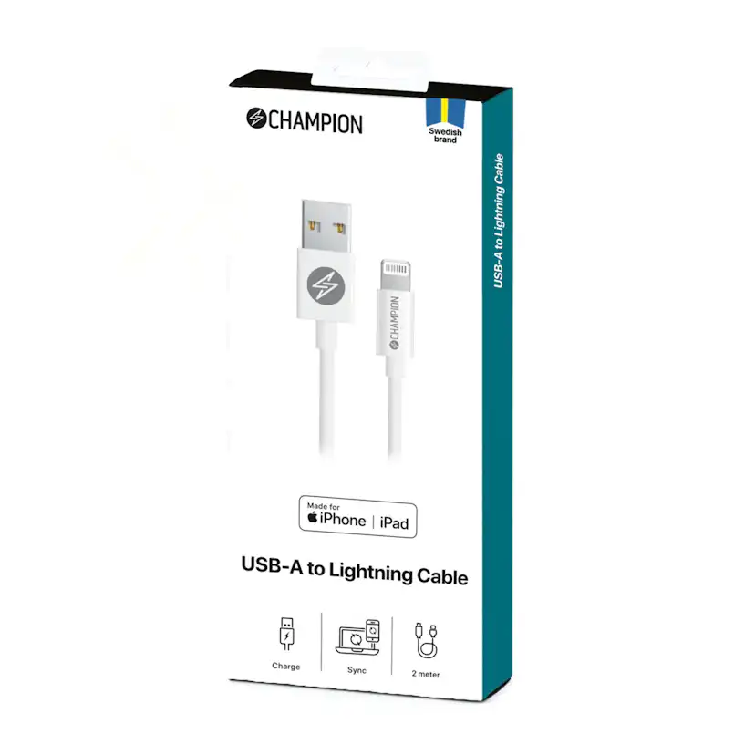 USB-A Champion till Lightning Kabel 2m Vit