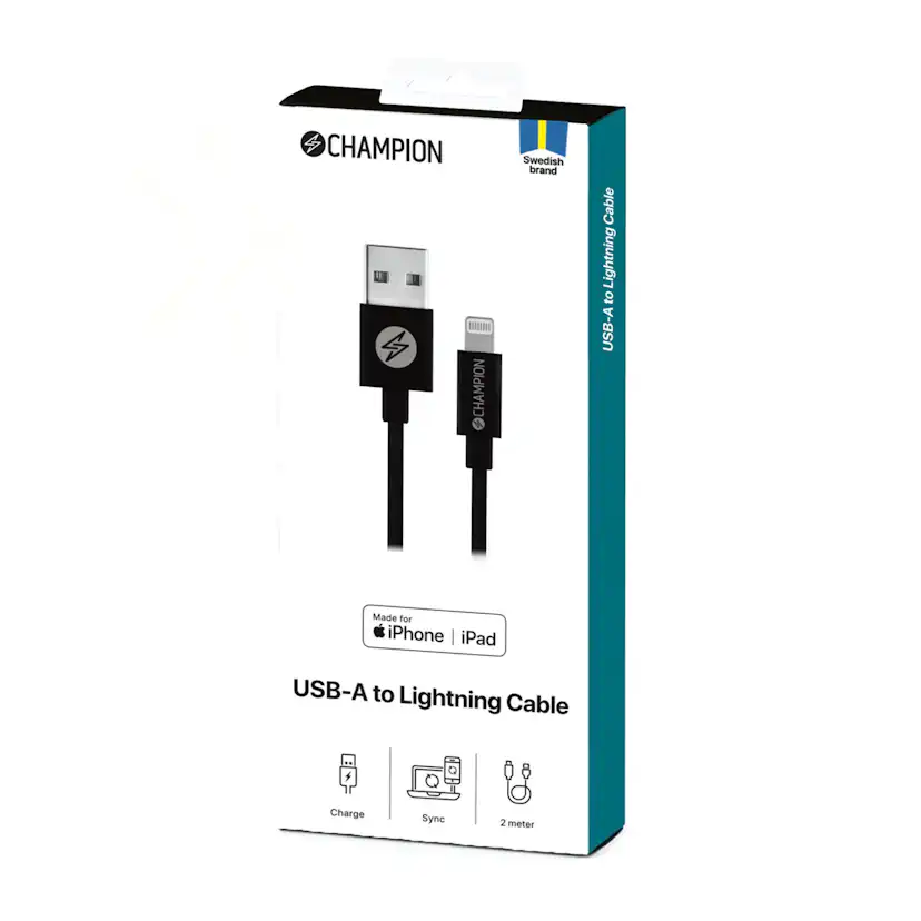 USB-A Champion till Lightning Kabel 2m Svart