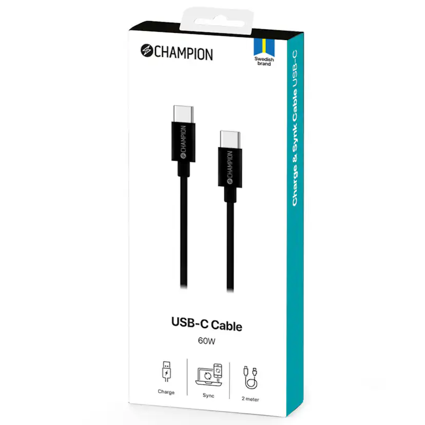 USB-C Champion Kabel 60W 2m Svart