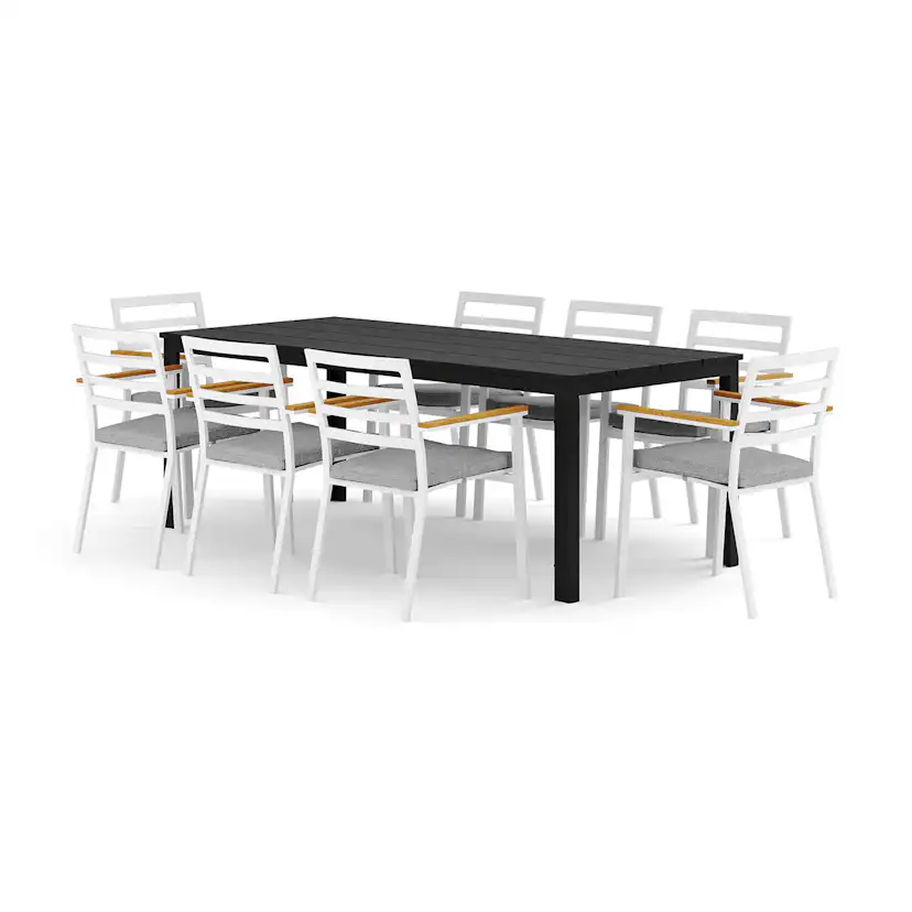 Trädgårdsgrupp Comfort Garden Tunis utomhus matgrupp 205x90 cm med 8 Oliver karmstolar med dyna