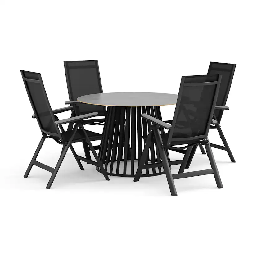 Trädgårdsgrupp deNoord Sensi utomhus matgrupp 120 cm med 4 Monaco Light positionsstolar