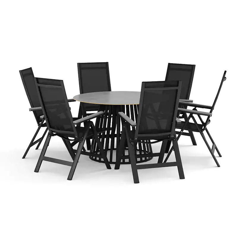 Trädgårdsgrupp deNoord Sensi utomhus matgrupp 120 cm med 6 Monaco Light positionsstolar