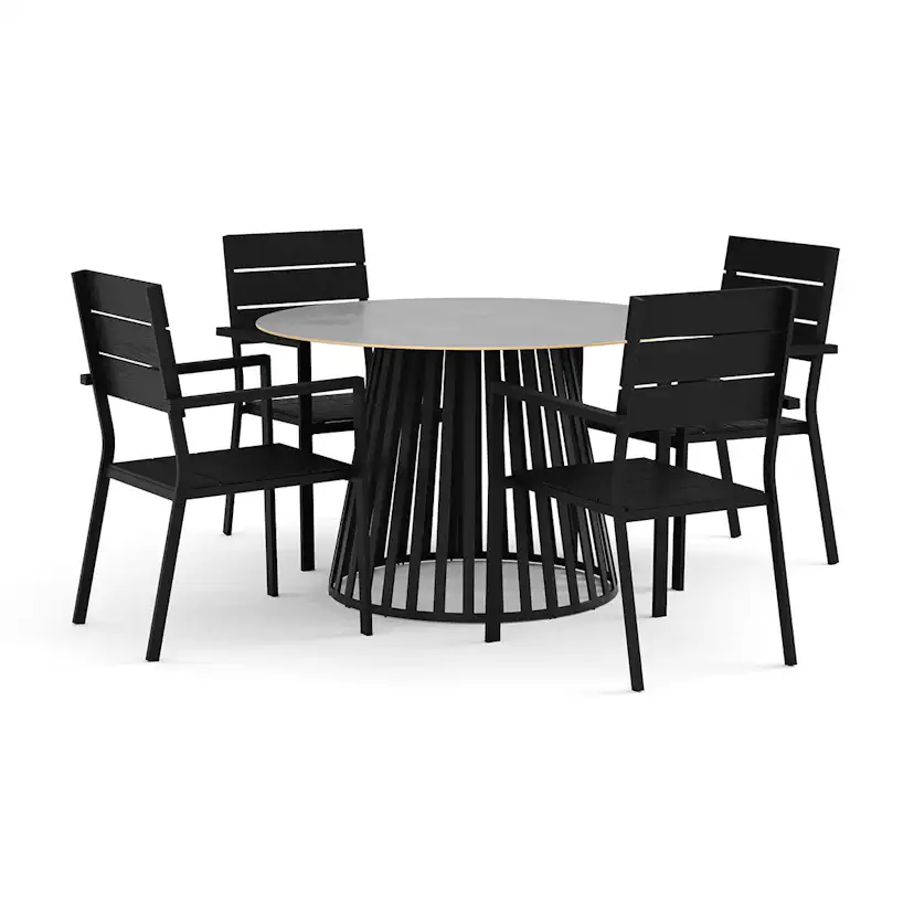 Trädgårdsgrupp deNoord Sensi utomhus matgrupp 120 cm med 4 Tunis stapelstolar