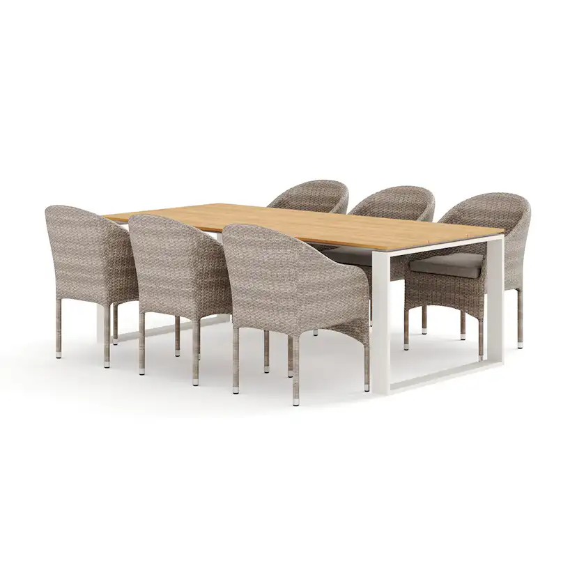Trädgårdsgrupp Comfort Garden Devon utomhus matgrupp 210x100 cm med 6 Thor fåtöljer