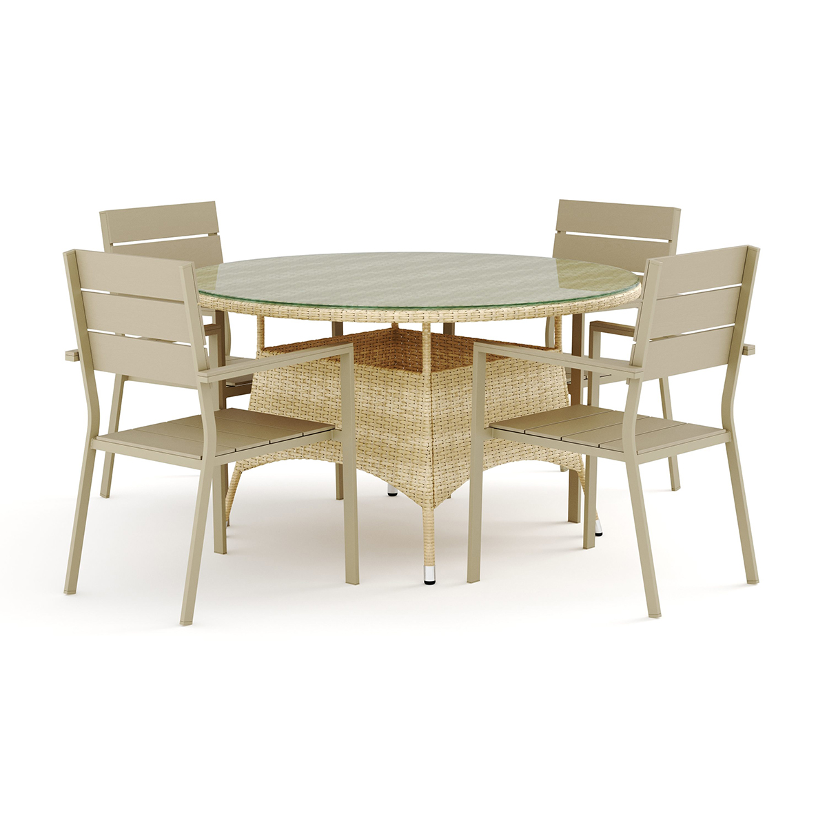 Trädgårdsgrupp Comfort Garden Thor utomhus rund matgrupp 140 cm med 4 Tunis stapelstolar