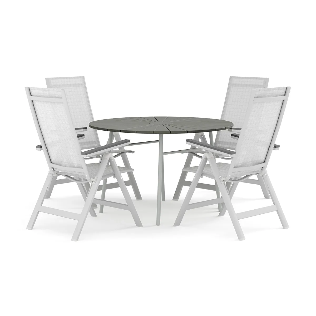 Trädgårdsgrupp Comfort Garden Tunis utomhus rund matgrupp 120 cm med 4 Monaco Light positionsstolar