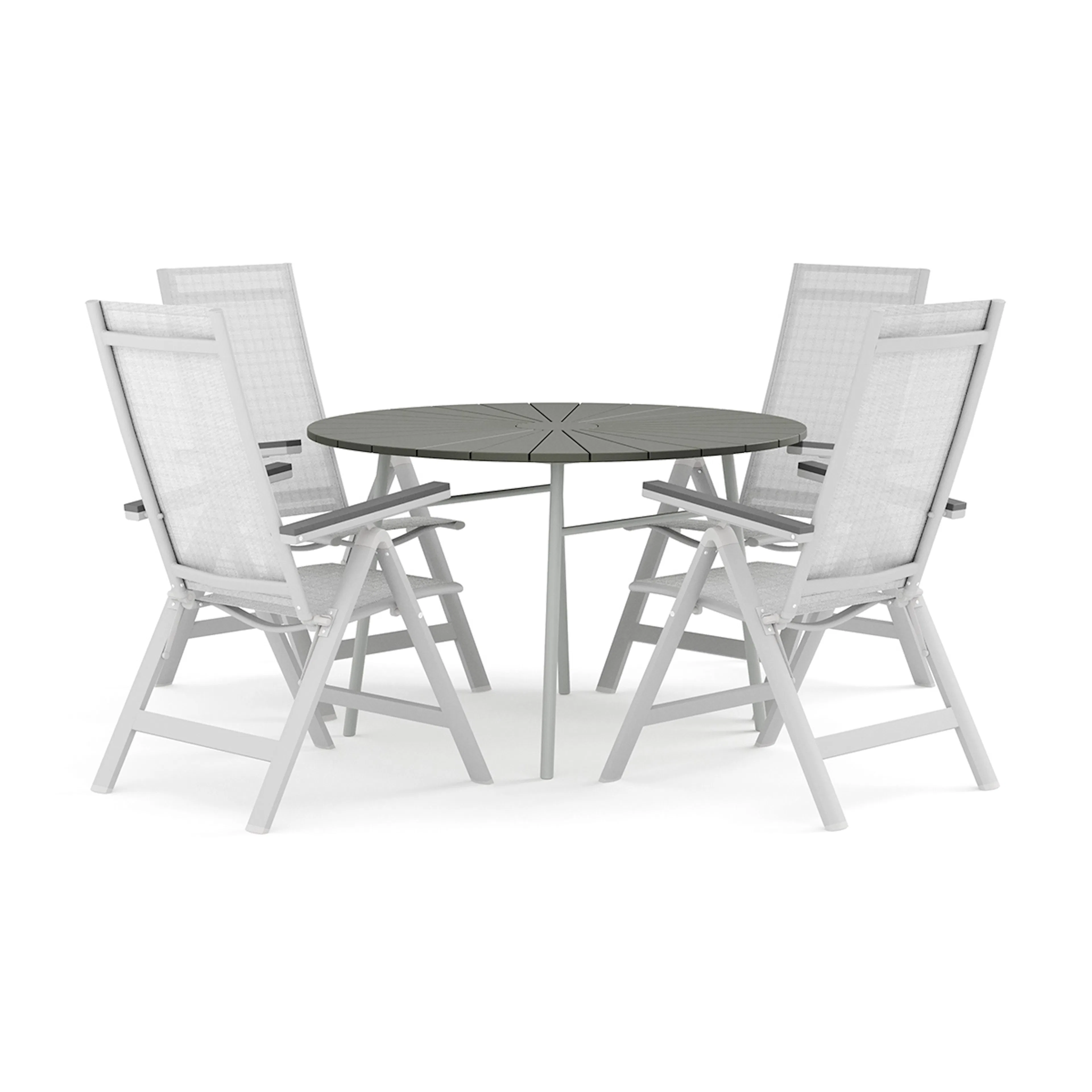 Trädgårdsgrupp Comfort Garden Tunis utomhus rund matgrupp 120 cm med 4 Monaco Light positionsstolar