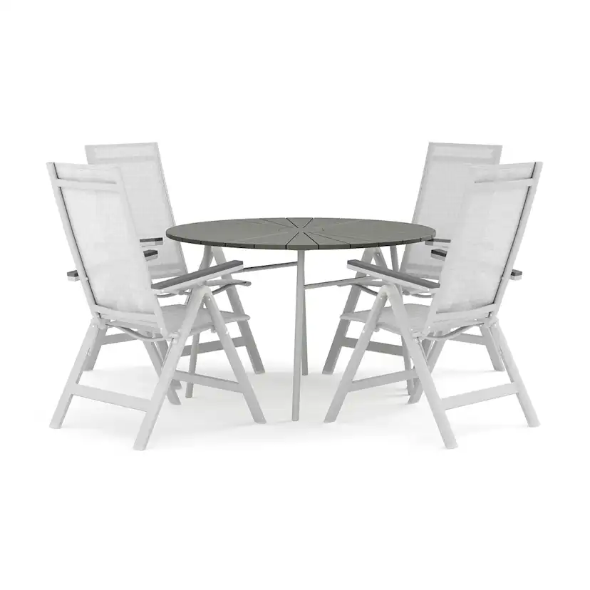 Trädgårdsgrupp Comfort Garden Tunis utomhus rund matgrupp 120 cm med 4 Monaco Light positionsstolar