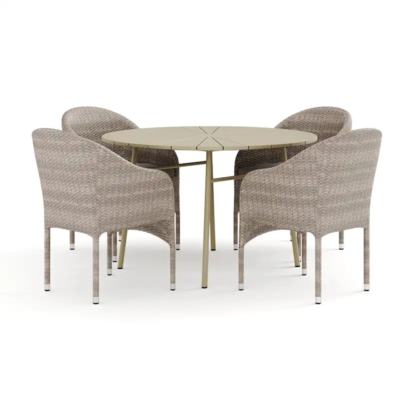 Trädgårdsgrupp Comfort Garden Tunis utomhus rund matgrupp 120 cm med 4 Thor fåtöljer