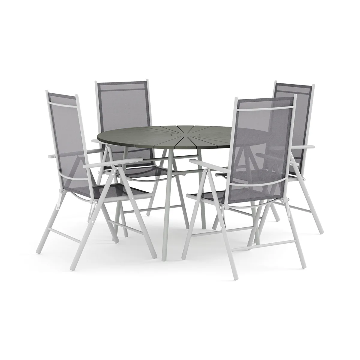 Trädgårdsgrupp Comfort Garden Tunis utomhus rund matgrupp 120 cm med 4 Maggie positionsstolar