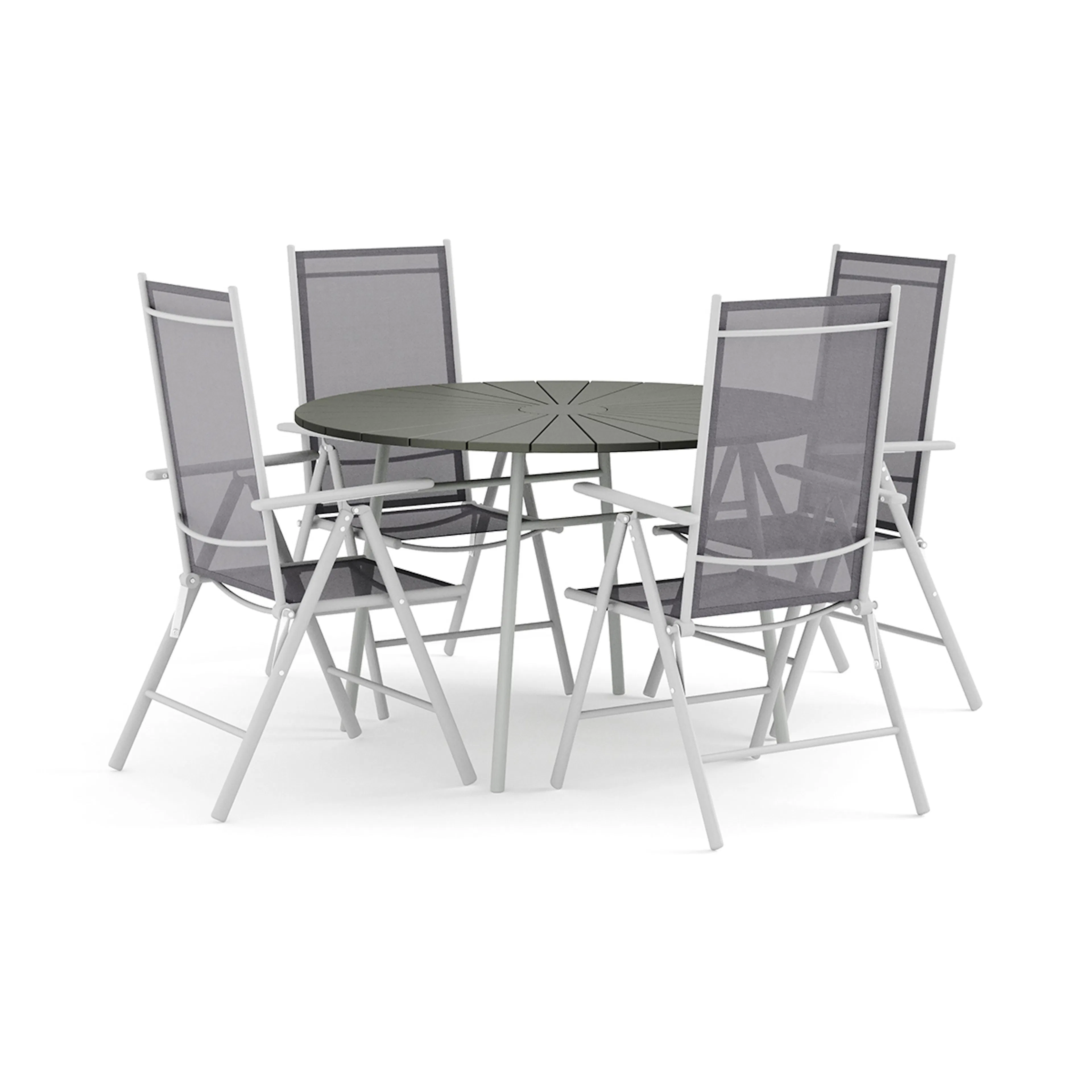 Trädgårdsgrupp Comfort Garden Tunis utomhus rund matgrupp 120 cm med 4 Maggie positionsstolar